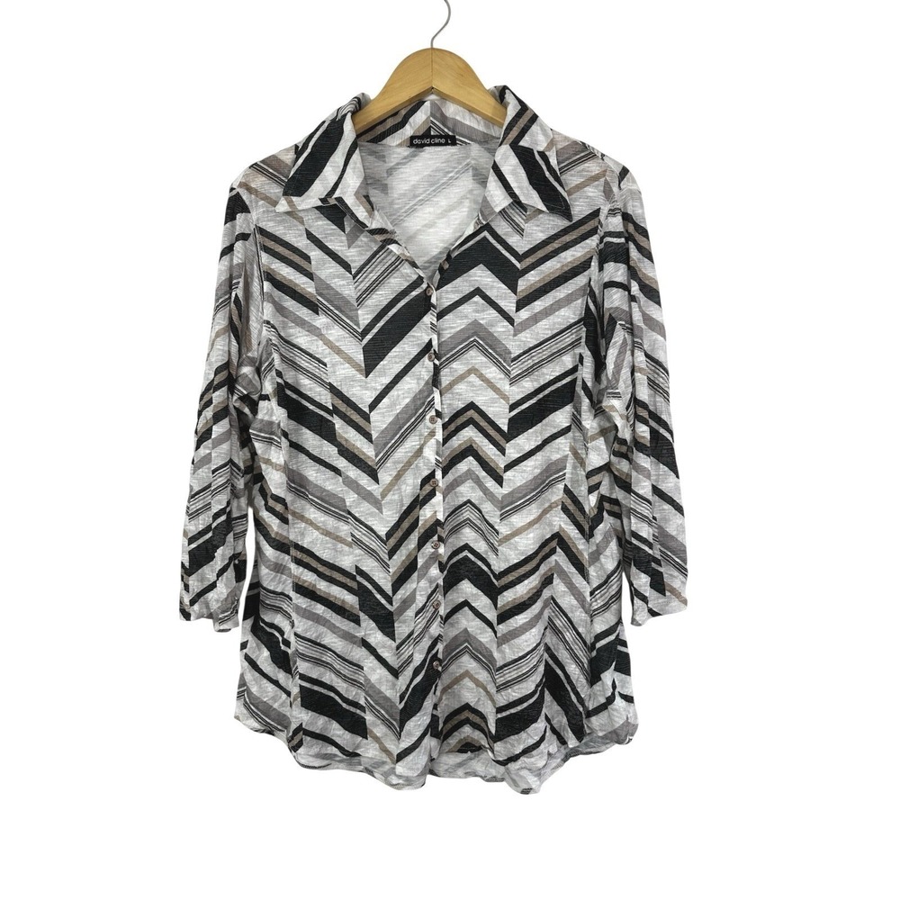 David Cline Classic Top Womens Large Snap Front Collar 3/4 Sleeve Chevron Soft